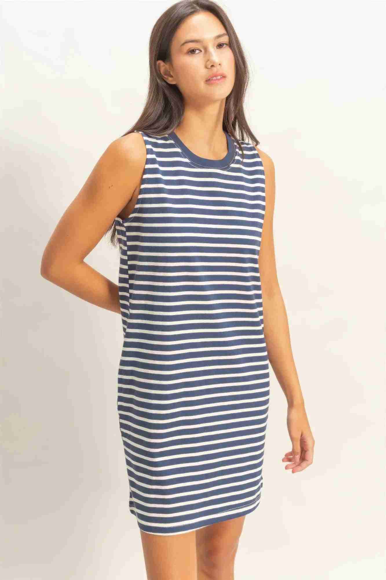 Robe Mini Sans Manches À Rayures Femme – Bleu, Rose & Marine by CCWHOLESALECLOTHING