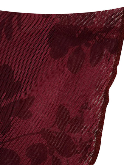 Robe moulante courte bordeaux à manches longues en maille filet pour femme – vue 11