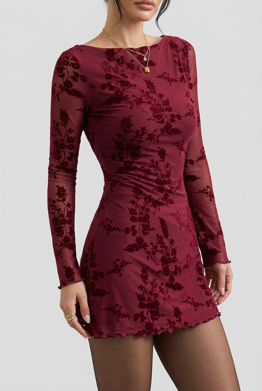Robe moulante courte bordeaux à manches longues en maille filet pour femme – vue 5