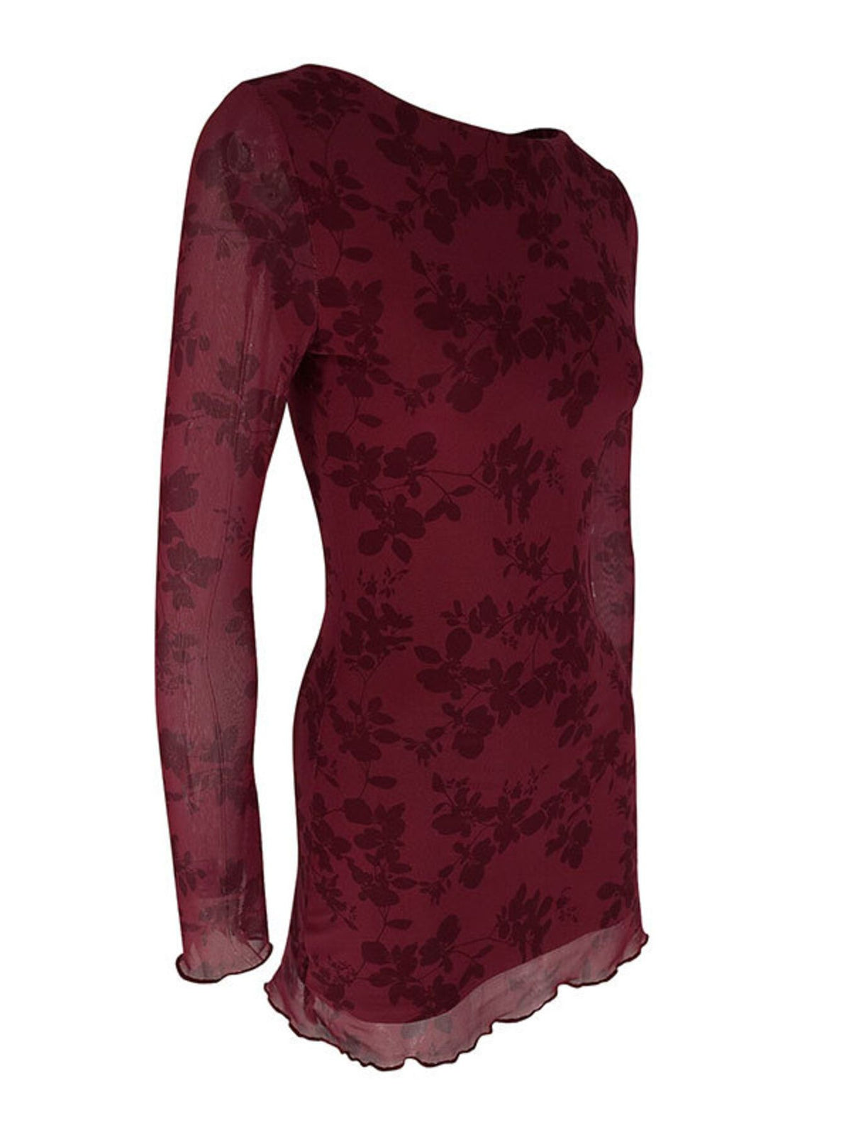 Robe moulante courte bordeaux à manches longues en maille filet pour femme – vue 7
