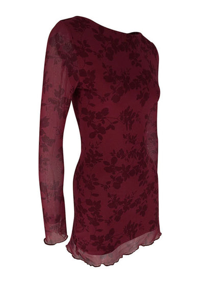 Robe moulante courte bordeaux à manches longues en maille filet pour femme – vue 7