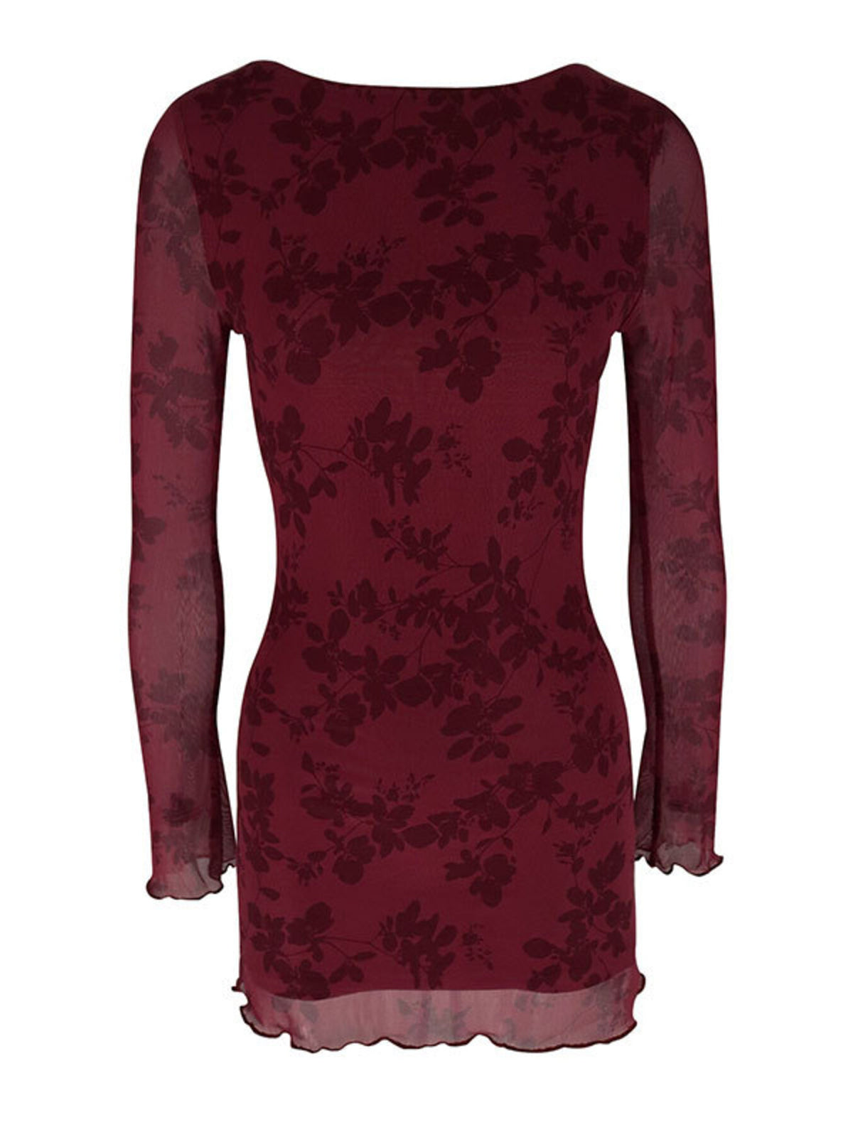 Robe moulante courte bordeaux à manches longues en maille filet pour femme – vue 8