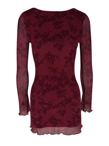 Robe moulante courte bordeaux à manches longues en maille filet pour femme – vue 8