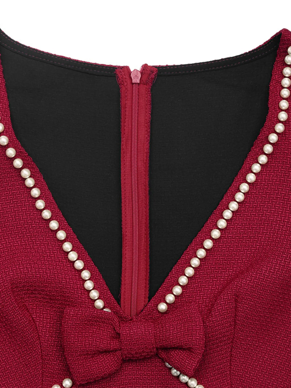 Robe moulante rouge à col V, liséré de perles et nœud – vue 8