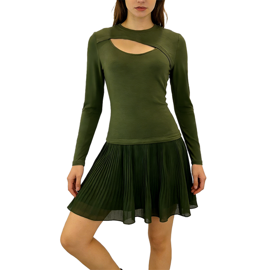 Robe plissée vert militaire à découpe poitrine et manches longues pour femme – vue 1