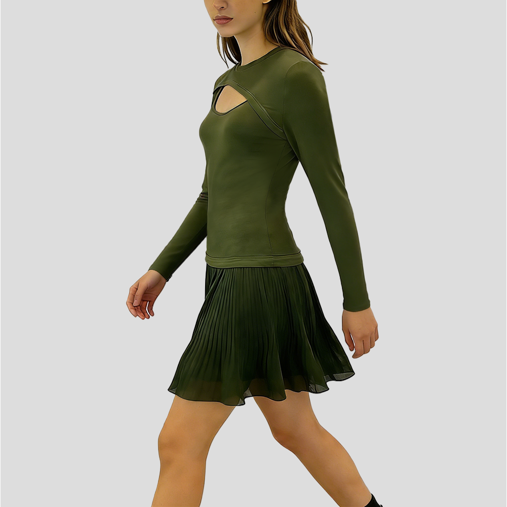 Robe plissée vert militaire à découpe poitrine et manches longues pour femme – vue 3