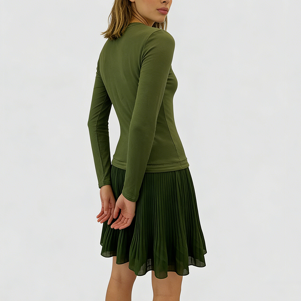 Robe plissée vert militaire à découpe poitrine et manches longues pour femme – vue 4