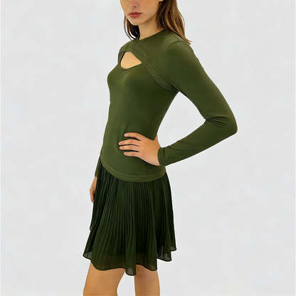 Robe plissée vert militaire à découpe poitrine et manches longues pour femme – vue 5