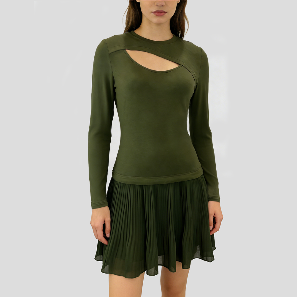 Robe plissée vert militaire à découpe poitrine et manches longues pour femme – vue 6