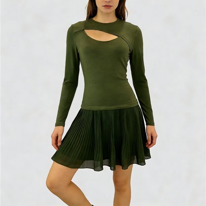 Robe plissée vert militaire à découpe poitrine et manches longues pour femme – vue 7