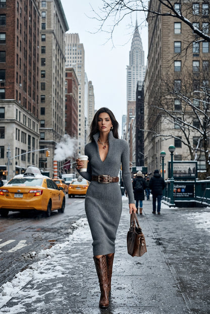 Robe pull côtelée à col V pour femme – vue 2