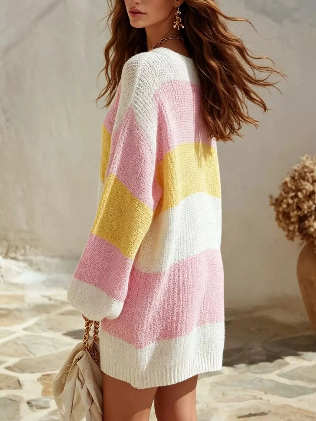 Robe pull femme à col en V colorblock rose – vue 4