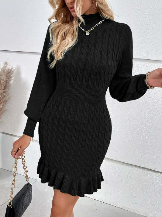 Robe pull en maille torsadée à col montant et volants pour femme – vue 2