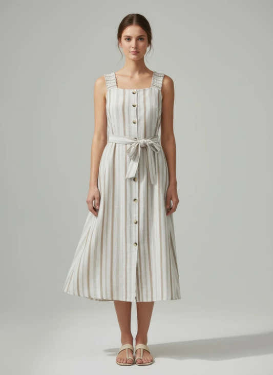 Robe midi rayée sans manches, boutonnée, avec ceinture à nouer en coton