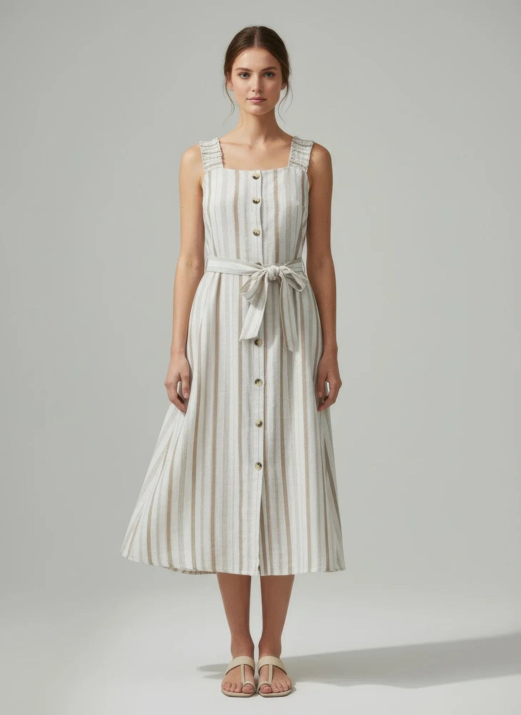 Robe midi rayée sans manches, boutonnée, avec ceinture à nouer en coton