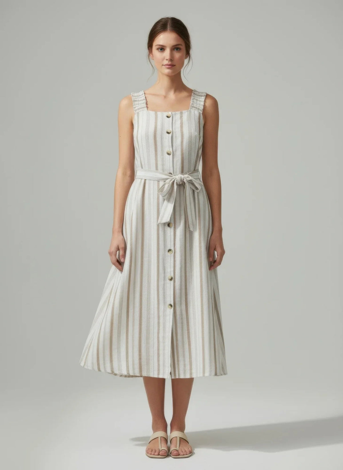 Robe midi rayée sans manches, boutonnée, avec ceinture à nouer en coton
