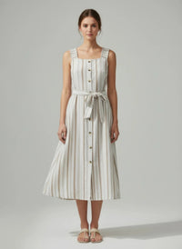 Robe midi rayée sans manches, boutonnée, avec ceinture à nouer en coton