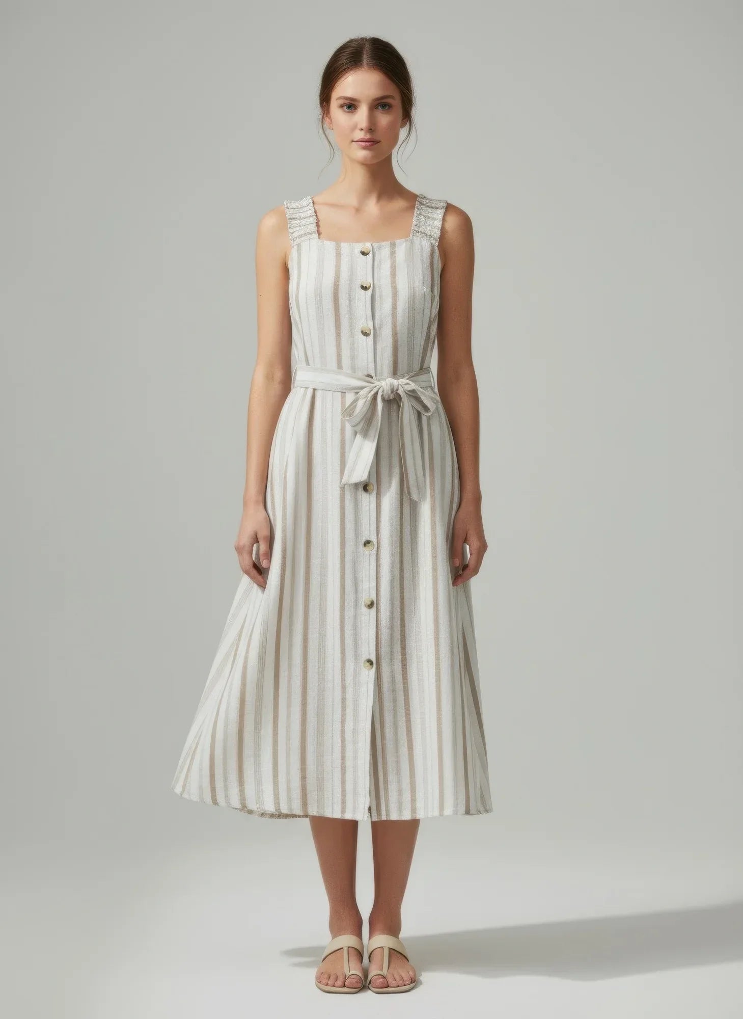 Robe midi rayée sans manches, boutonnée, avec ceinture à nouer en coton