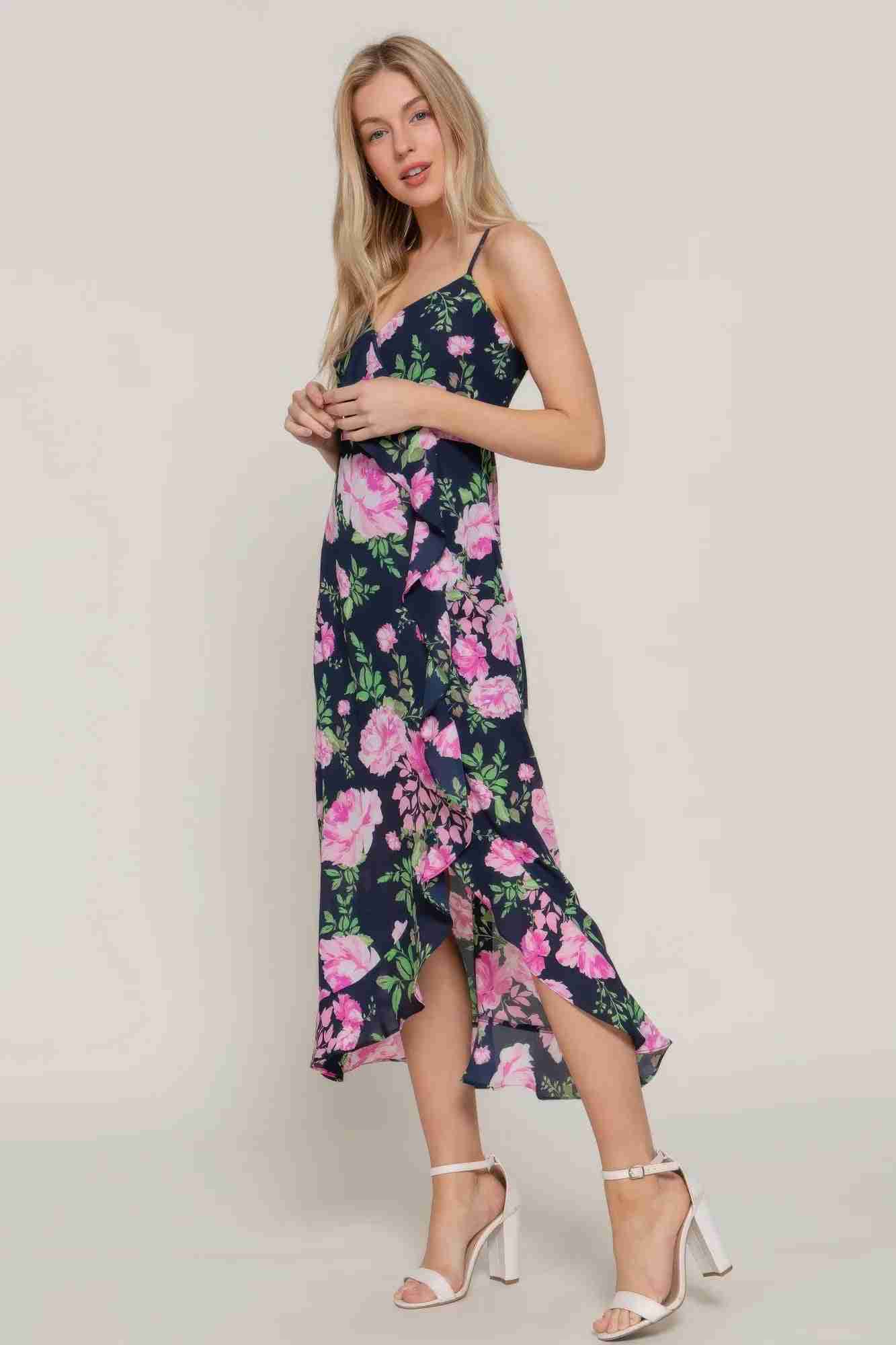 Robe Slip Midi Florale À Volants - Marine/Rose by CCWHOLESALECLOTHING