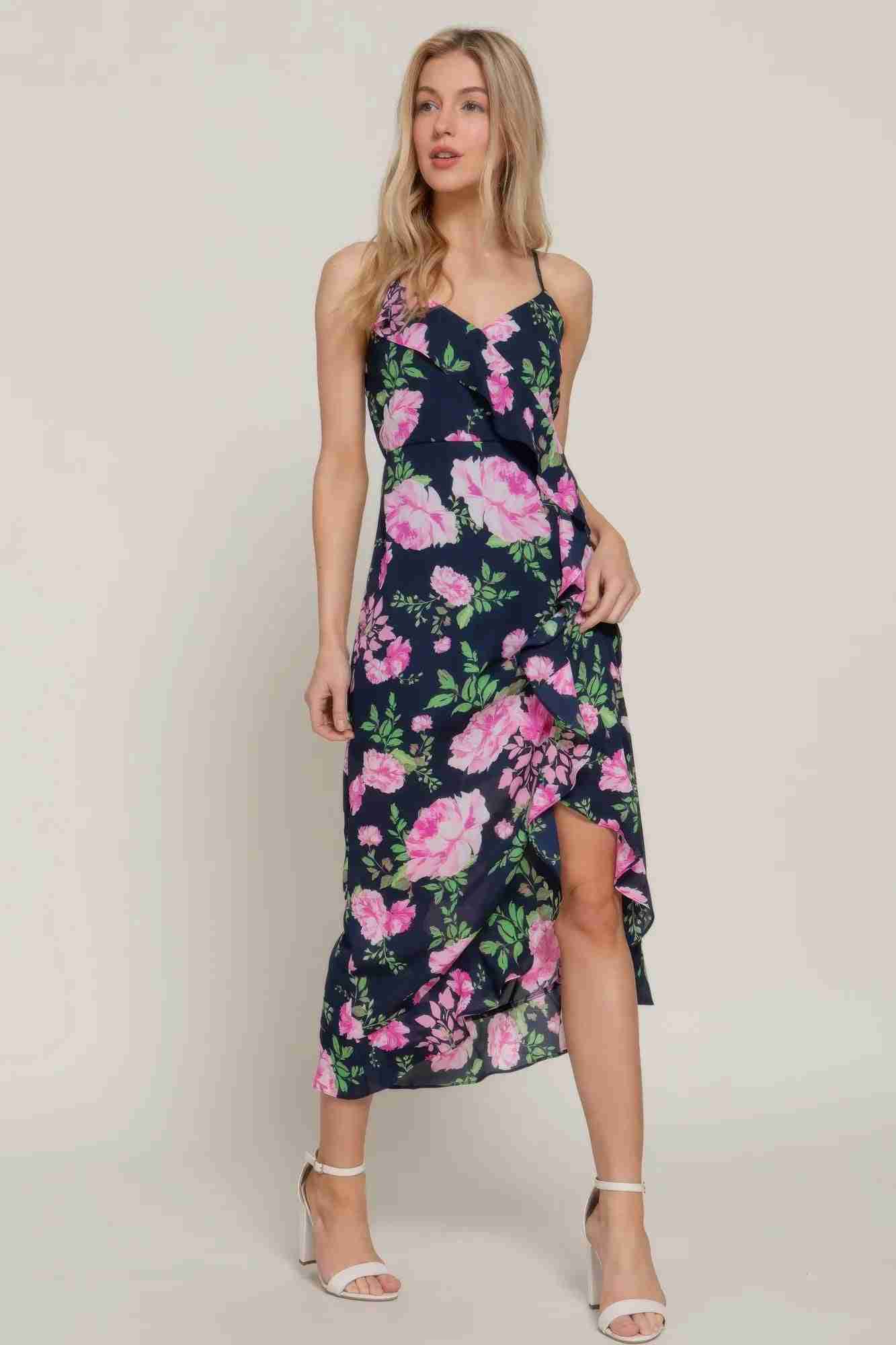 Robe Slip Midi Florale À Volants - Marine/Rose by CCWHOLESALECLOTHING