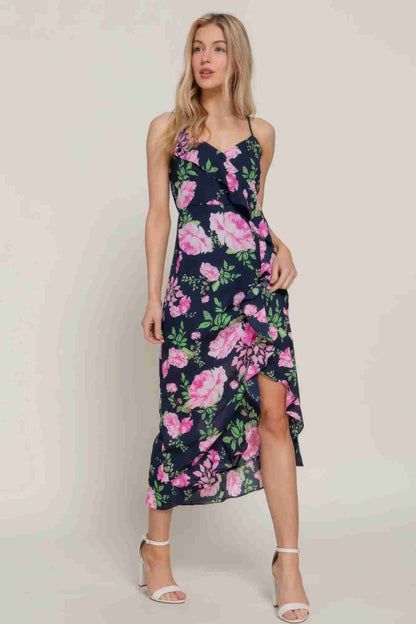 Robe Slip Midi Florale À Volants - Marine/Rose by CCWHOLESALECLOTHING