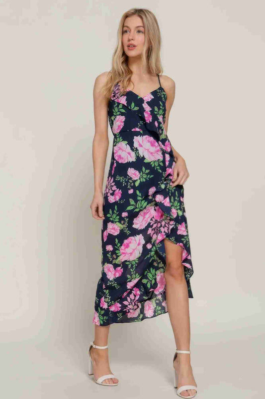 Robe Slip Midi Florale À Volants - Marine/Rose Oléna-Fashion