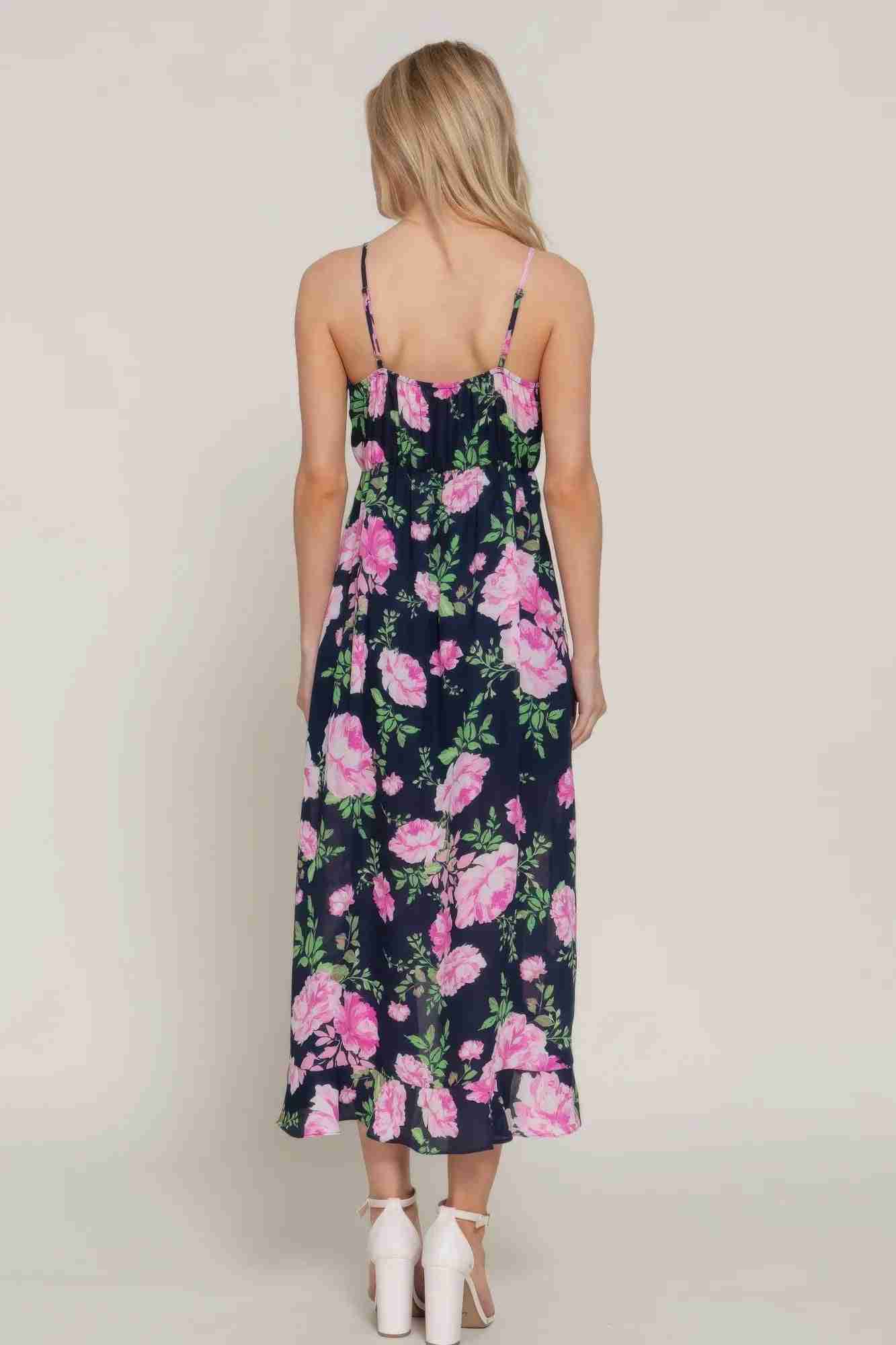 Robe Slip Midi Florale À Volants - Marine/Rose by CCWHOLESALECLOTHING