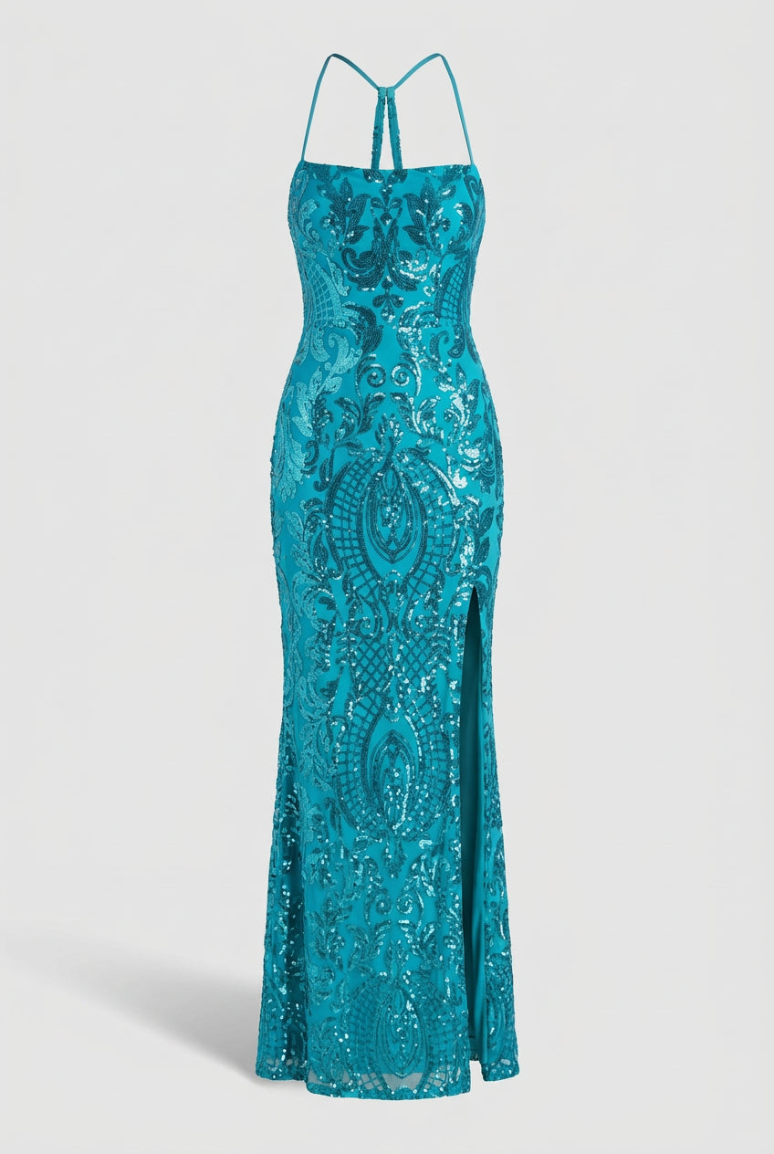 Robe de soirée moulante à sequins et dos nu lacé pour femme – vue 3