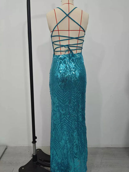 Robe de soirée moulante à sequins et dos nu lacé pour femme – vue 9