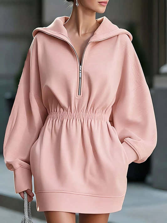 Robe sweat à capuche à demi-zip et poches pour femme – vue 1