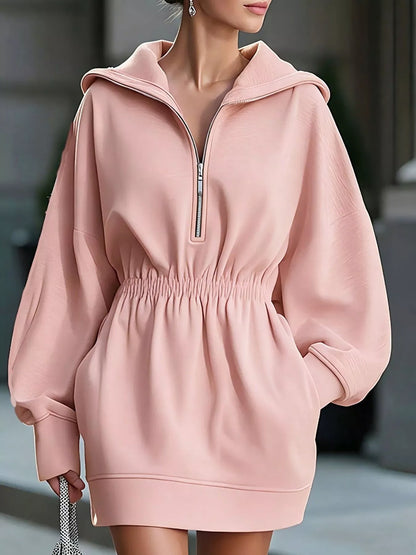 Robe sweat à capuche à demi-zip et poches pour femme – vue 1