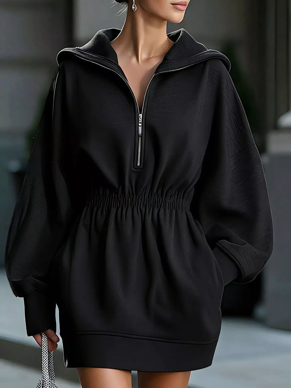 Robe sweat à capuche à demi-zip et poches pour femme – vue 7