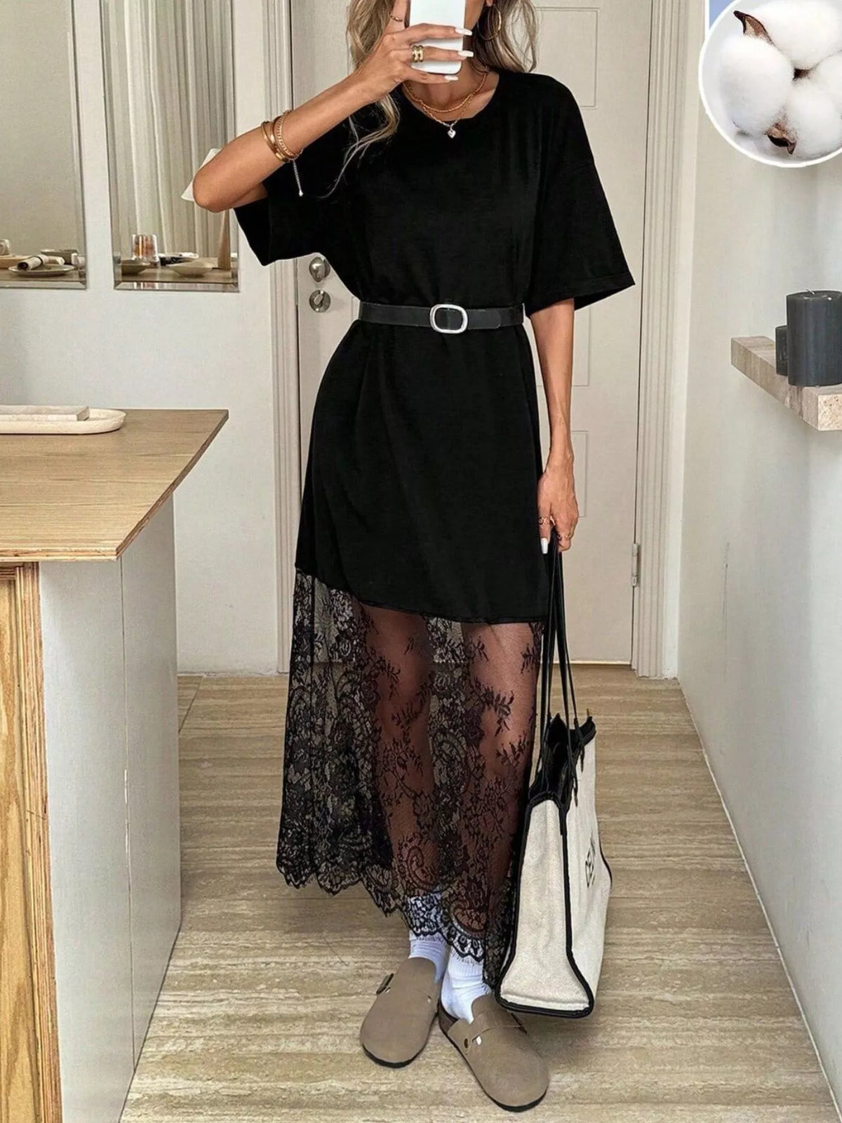 Robe t-shirt longue noire à bord en dentelle florale pour femme – vue 4