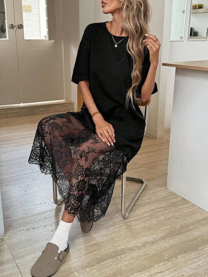 Robe t-shirt longue noire à bord en dentelle florale pour femme – vue 5