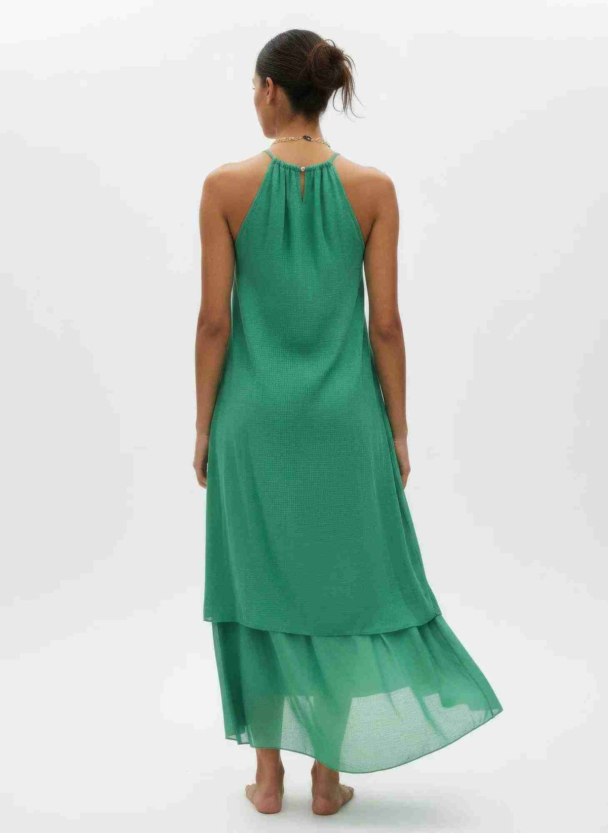 Robe verte sans manches, dos à brides, ourlet asymétrique