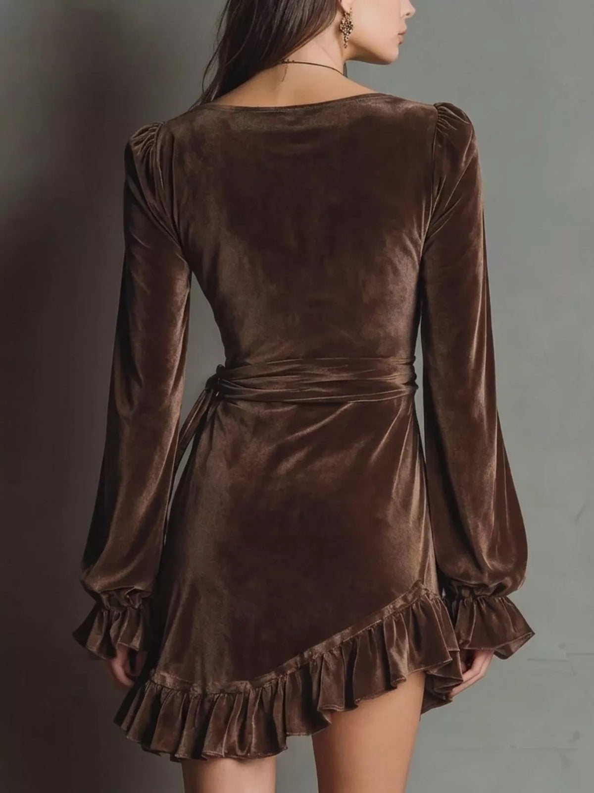 Robe en velours cache-cœur à manches volantées pour femme – vue 2