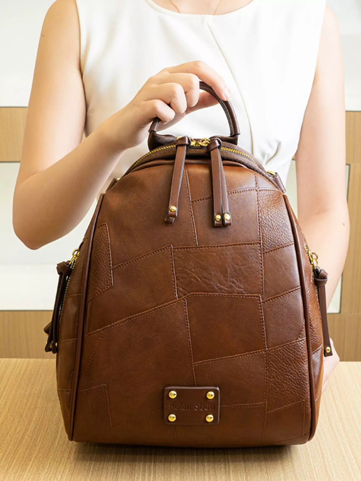 Sac à dos convertible patchwork en faux cuir marron pour femme – vue 3