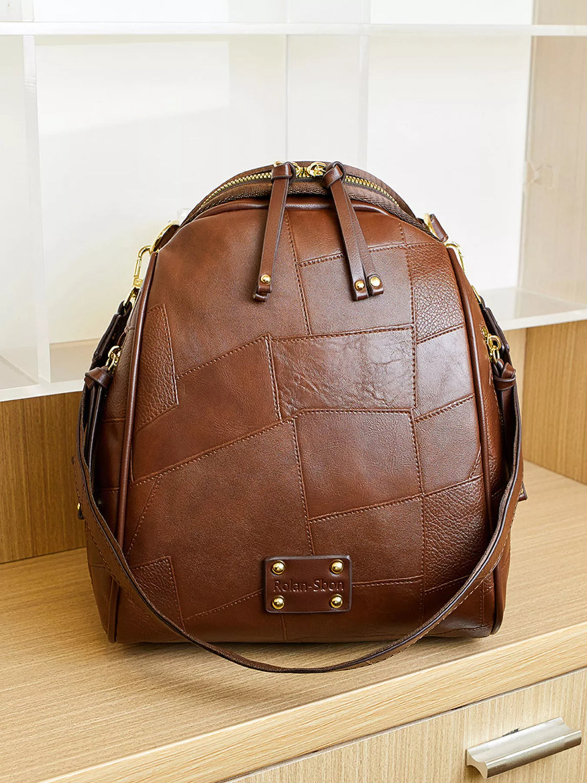 Sac à dos convertible patchwork en faux cuir marron pour femme – vue 4