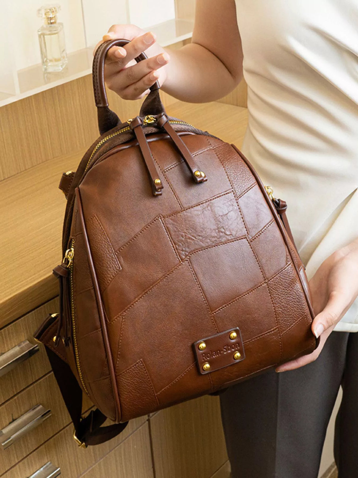 Sac à dos convertible patchwork en faux cuir marron pour femme – vue 5