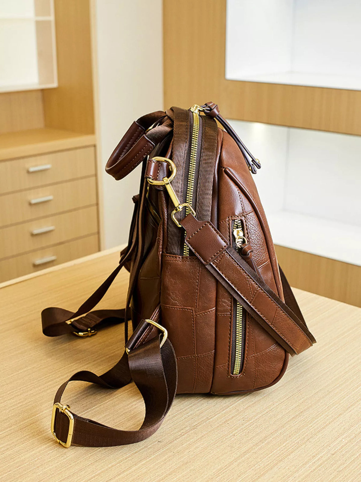 Sac à dos convertible patchwork en faux cuir marron pour femme – vue 6