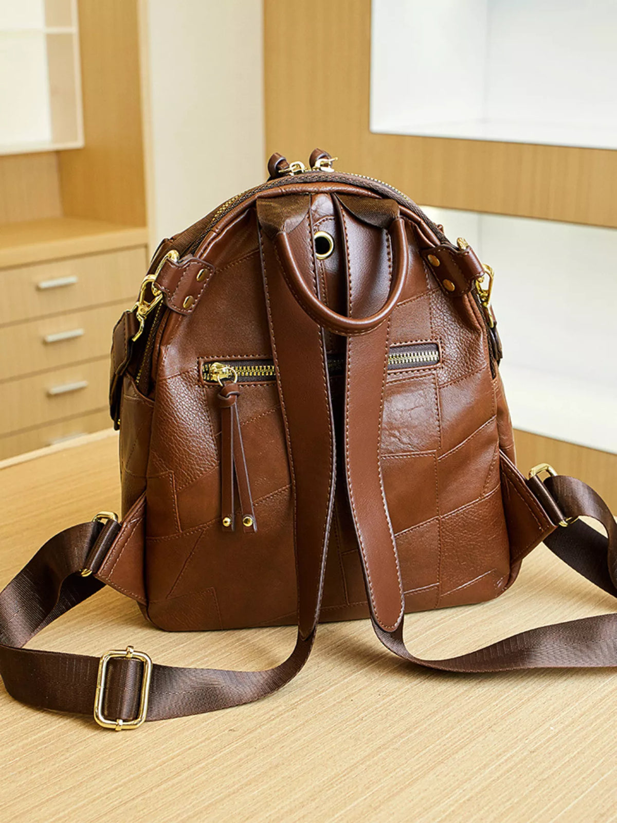 Sac à dos convertible patchwork en faux cuir marron pour femme – vue 7