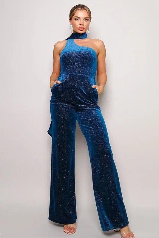 Scarf Top Glitter Velvet Jumpsuit - Premium  - Shop now at Oléna-Fashion