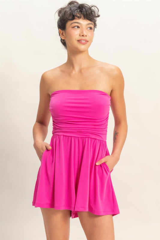 Strapless Shirred Waist Romper Oléna-Fashion