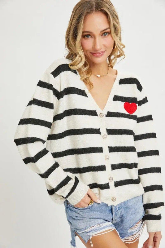 Striped Cardigan With Heart Patch - Premium  - Shop now at Oléna-Fashion