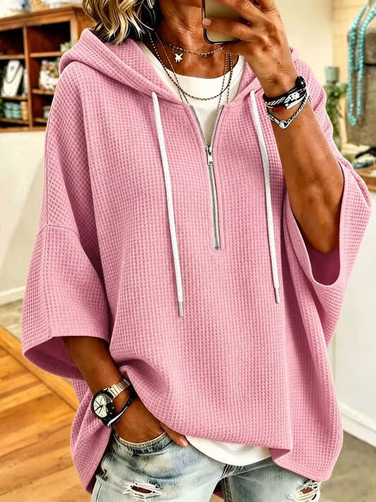 Sweat à capuche femme gaufré à demi-zip rose – vue 1