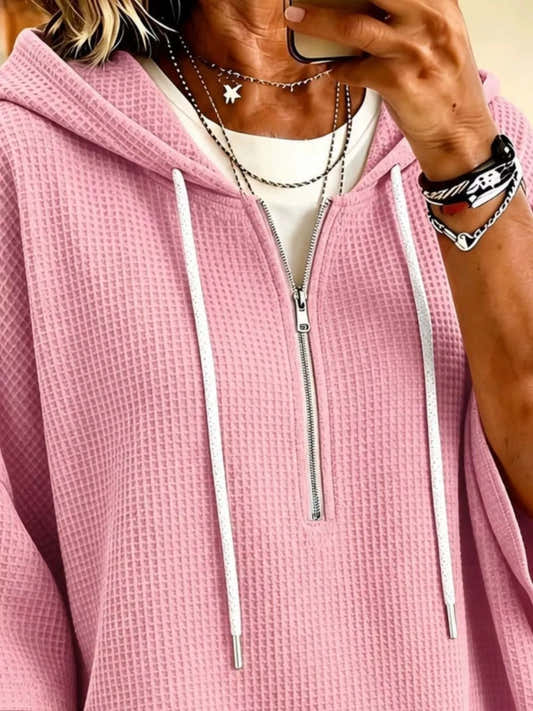 Sweat à capuche femme gaufré à demi-zip rose – vue 2