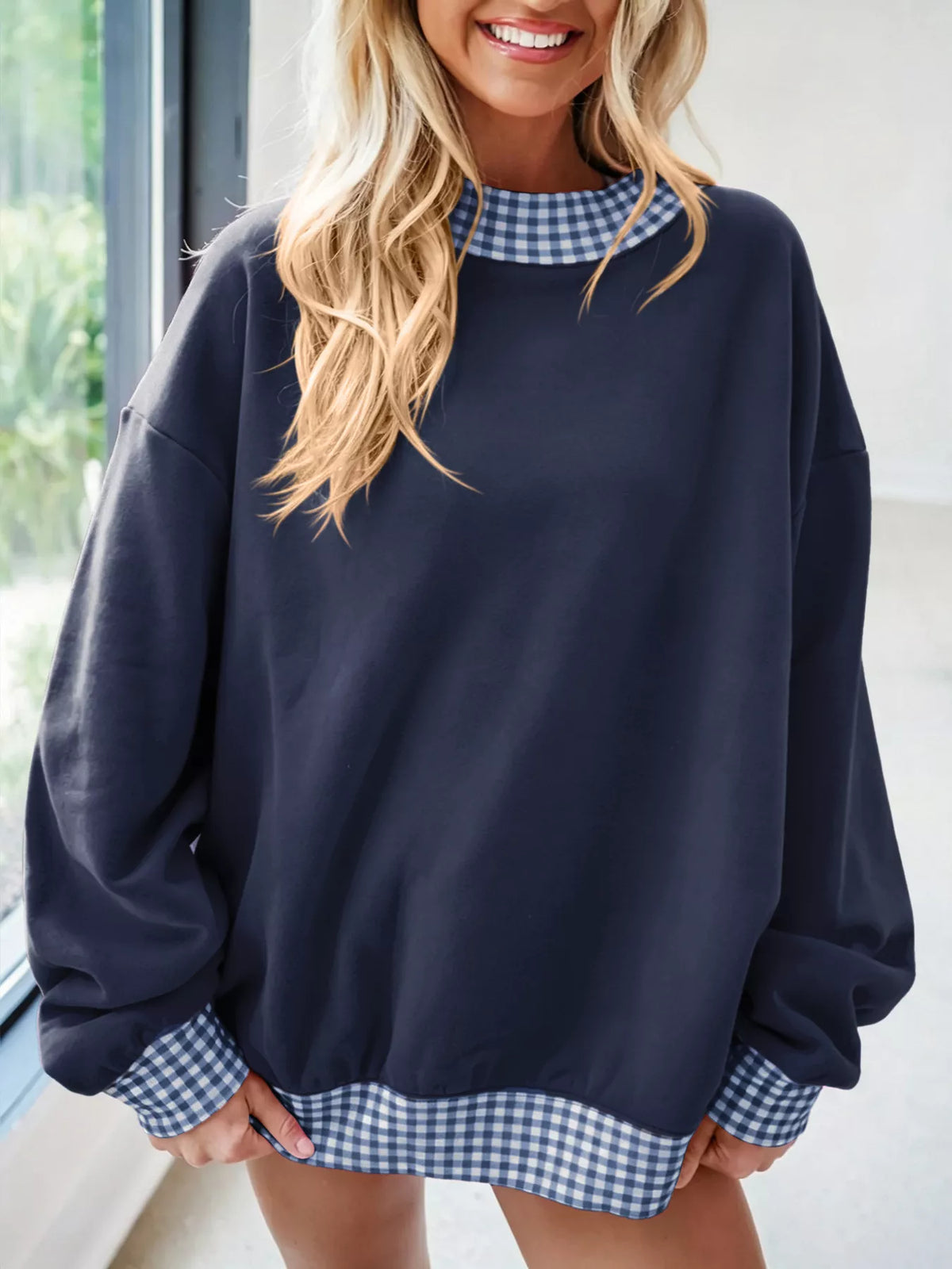 Sweat à bordures vichy et épaules tombantes pour femme – vue 5