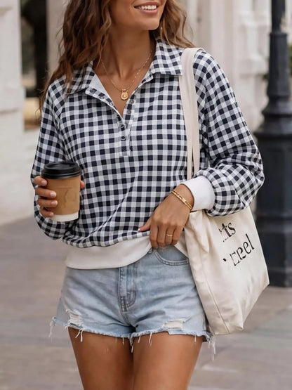 Sweat femme à col boutonné et carreaux vichy – vue 2