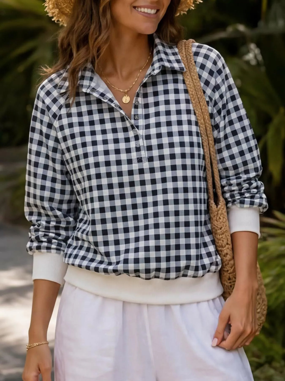 Sweat femme à col boutonné et carreaux vichy – vue 4