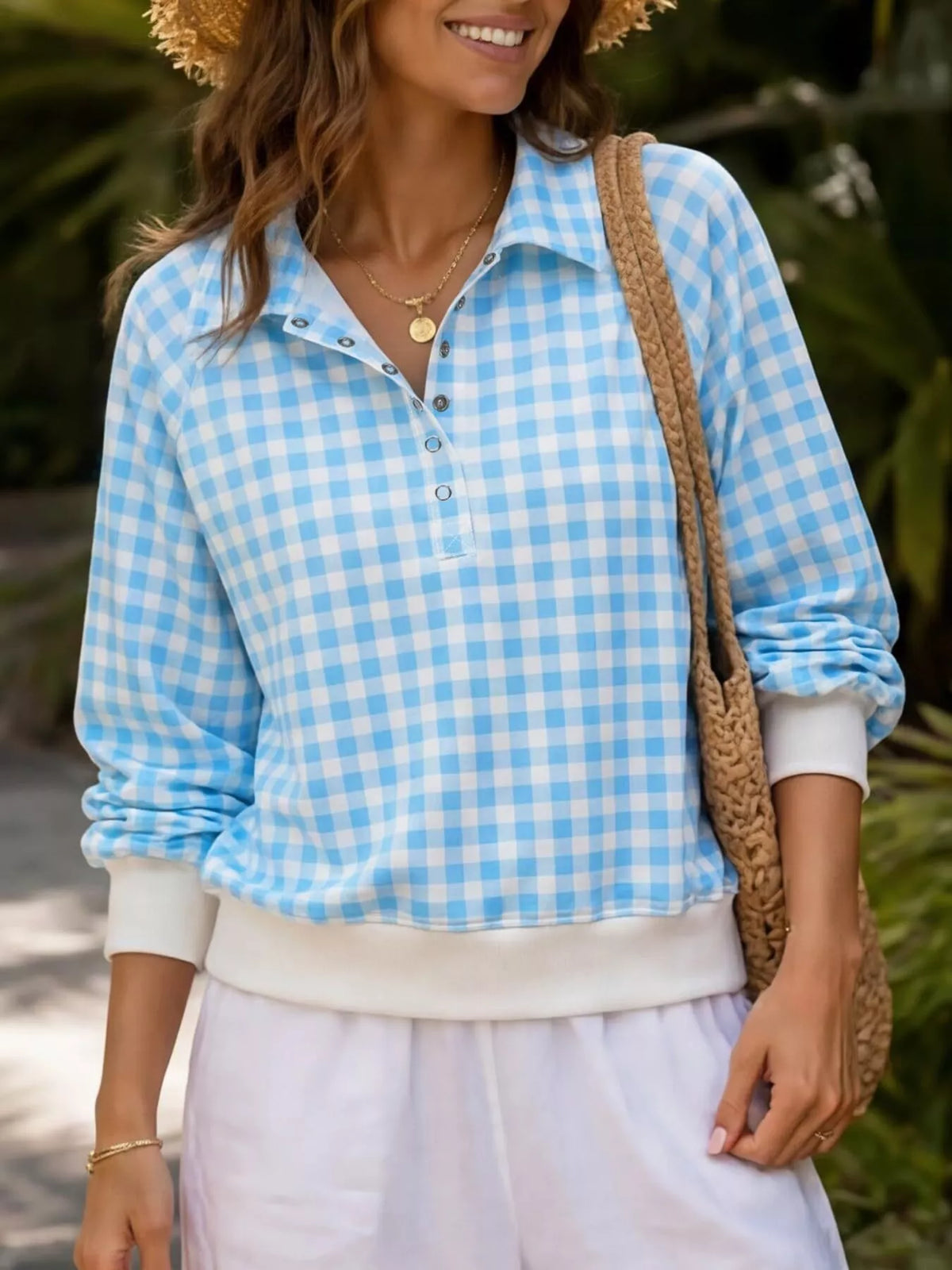 Sweat femme à col boutonné et carreaux vichy – vue 7